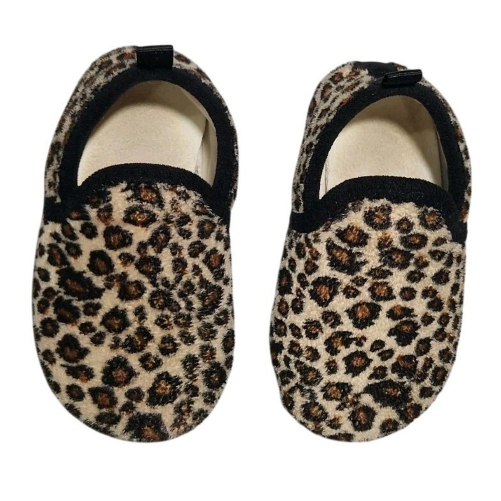 Leopard Print Fuzzy Slip On Slippers Animal Print House Shoes Tan Brown Black